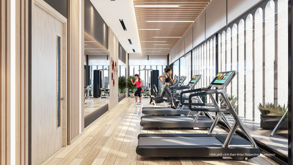 Phòng gym được thiết kế mở với hệ thống cửa kính lớn, tối ưu khả năng đón gió và ánh sáng tự nhiên, kích thích hứng thú tập luyện.