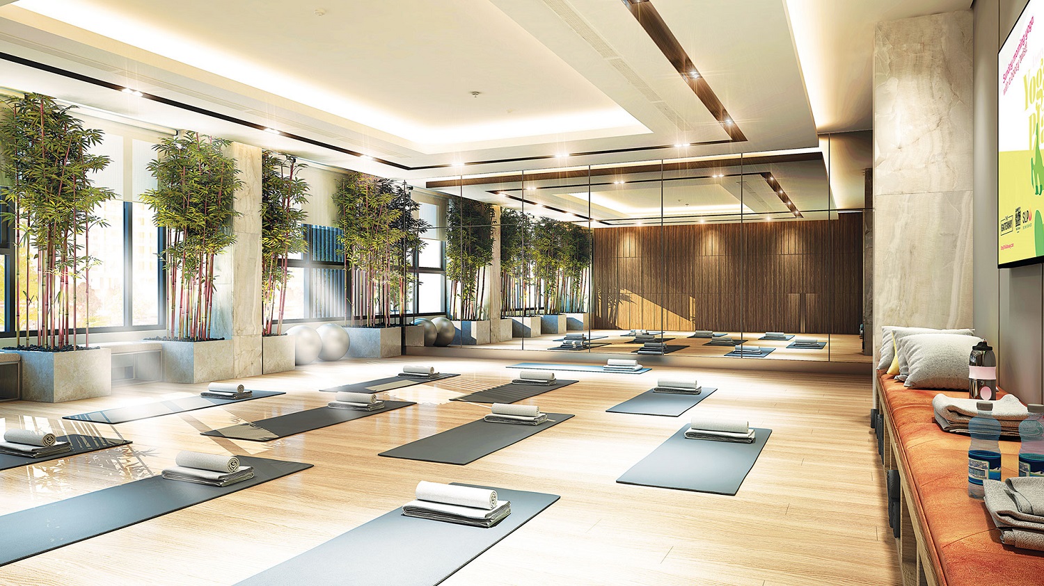 Phối cảnh không gian phòng tập yoga, môn thể thao đang được phái nữ ưa chuộng. Phòng tập thiết kế để tận dụng ánh sáng tự nhiên, tạo cảm hứng tập luyện.