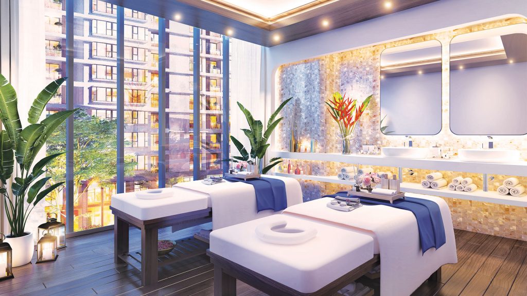 Phòng spa tích hợp ngay trong khu căn hộ. Không gian này cũng hướng đến thiên nhiên theo đúng tiêu chí xanh từ ngoài vào trong nhằm tạo điều kiện tái tạo năng lượng hiệu quả hơn.