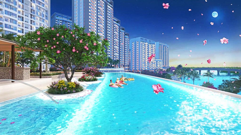 Điểm nhấn trong hệ thống tiện ích tại tòa nhà A là hồ bơi vô cực với thiết kế hài hòa cùng dòng chảy của sông cảnh quan bên dưới. Khi bơi trên hồ bơi, cư dân sẽ có cảm giác như bơi giữa dòng sông rộng lớn.