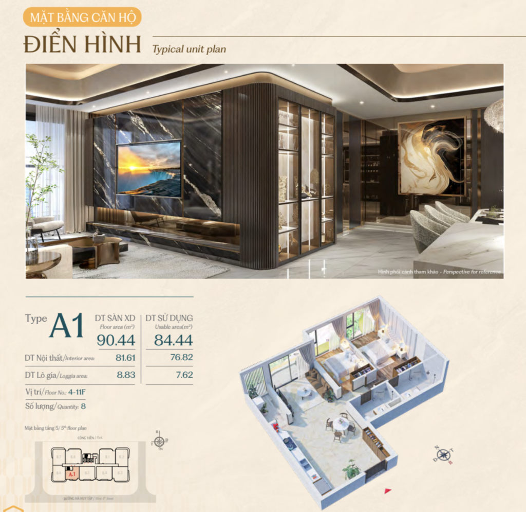 Kiểu căn hộ 2 phòng ngủ A1 tại Phú Mỹ Hưng The Scultura