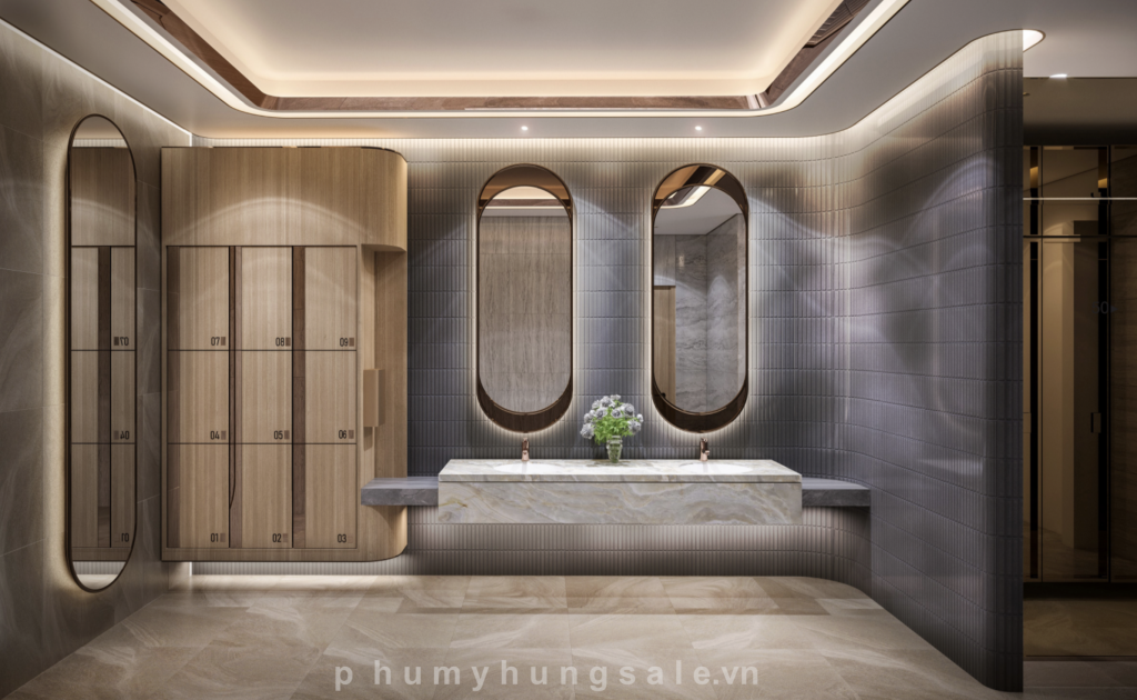Phòng tắm ngay tại tầng tiện ích cũng được chỉn chu trong từng thiết kế