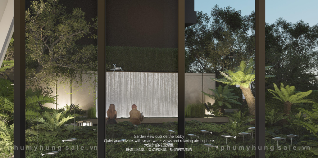 Từ sảnh Lobby cư dân có thể nhìn ngắm khoảng sân vườn mini cùng thác nước réo rắt được thiết kế chỉn chu bên ngoài 