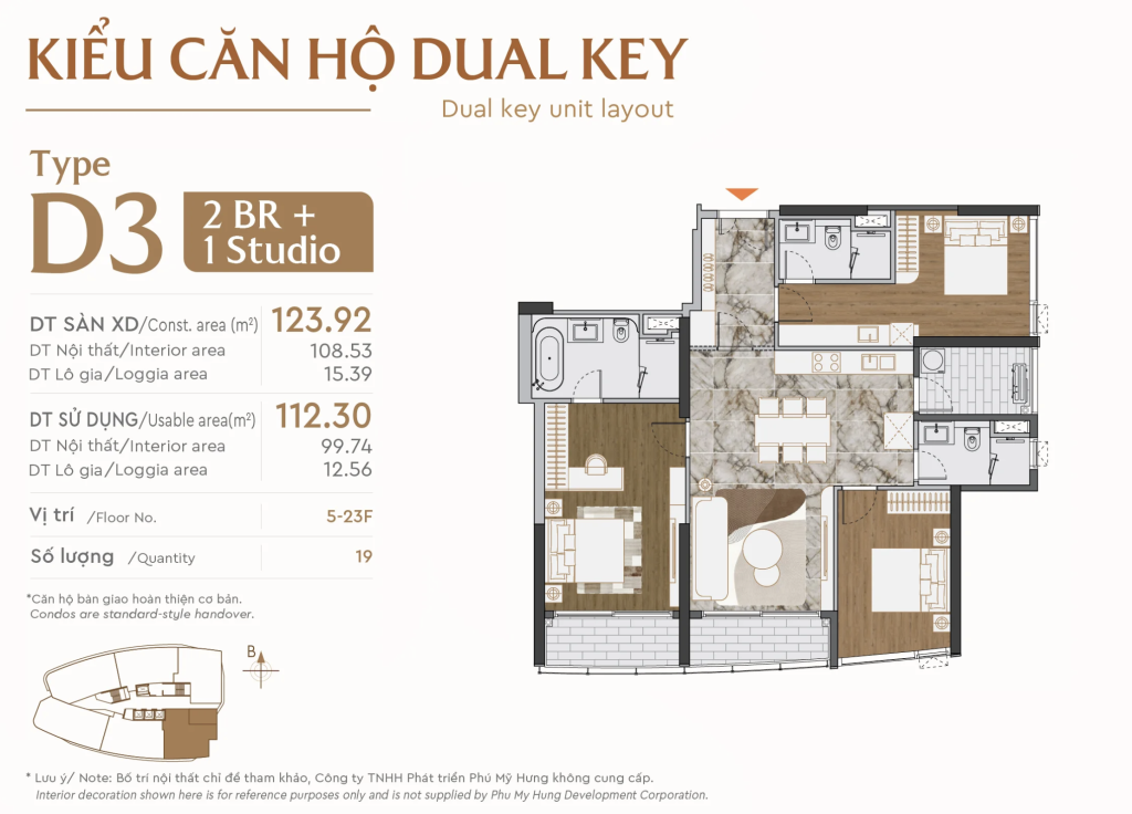 Kiểu căn hộ Dual Key 123m2 tại Phú Mỹ Hưng The Regency