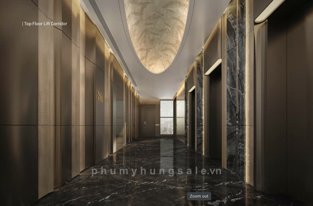 Hành lang căn hộ rộng rãi, được thiết kế theo phong cách nghệ thuật, kết hợp nhiều gam màu tối, vàng tạo cảm giác sang trọng 