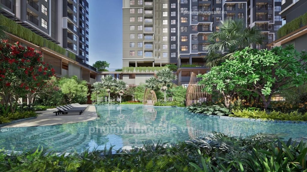 Khu hồ bơi ở tầng trệt được thiết kế theo phong cách resort sang trọng