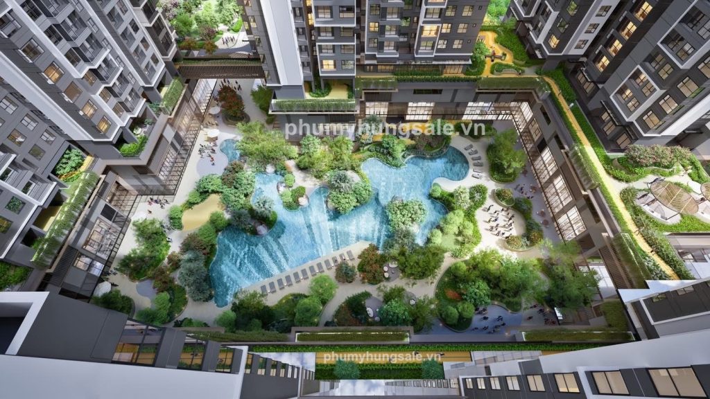 Tỉ lệ mặt nước của The Harmonie chiếm diện tích phần lớn mặt bằng tiện ích mang đến sự mát mẻ và mảng xanh dễ chịu cho dự án